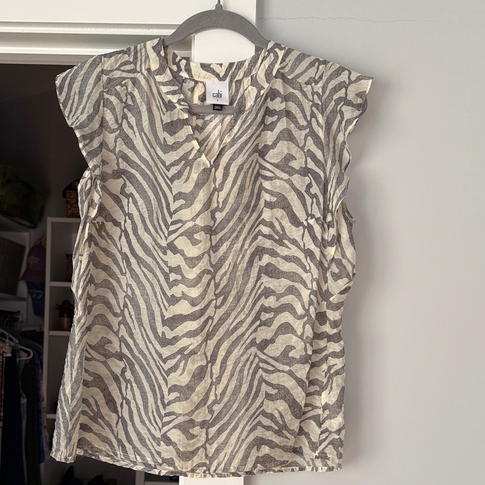CAbi Ivory and Gray Zebra Print Sleeveless Camisole